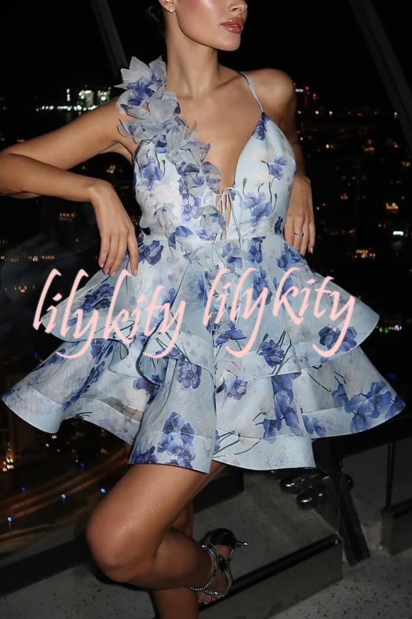 Floral Print V-neck Halter Back Tie Double Layer Mini Dress