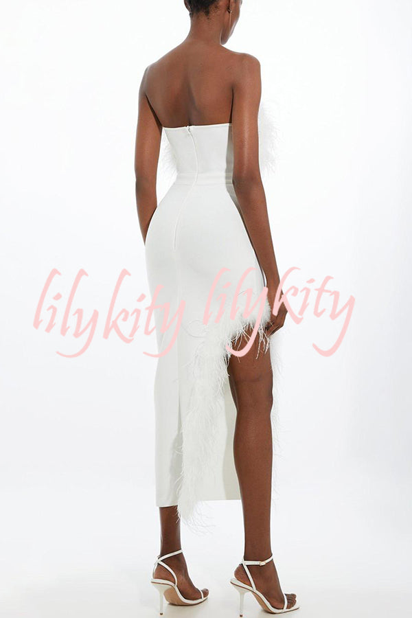 Retro and Glamorous Feather Trim Detail Bandeau Slit Stretch Midi Dress