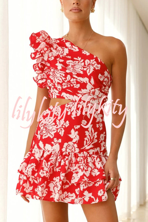 Floral Print One-shoulder Ruffled Waist Cutout Mini Dress