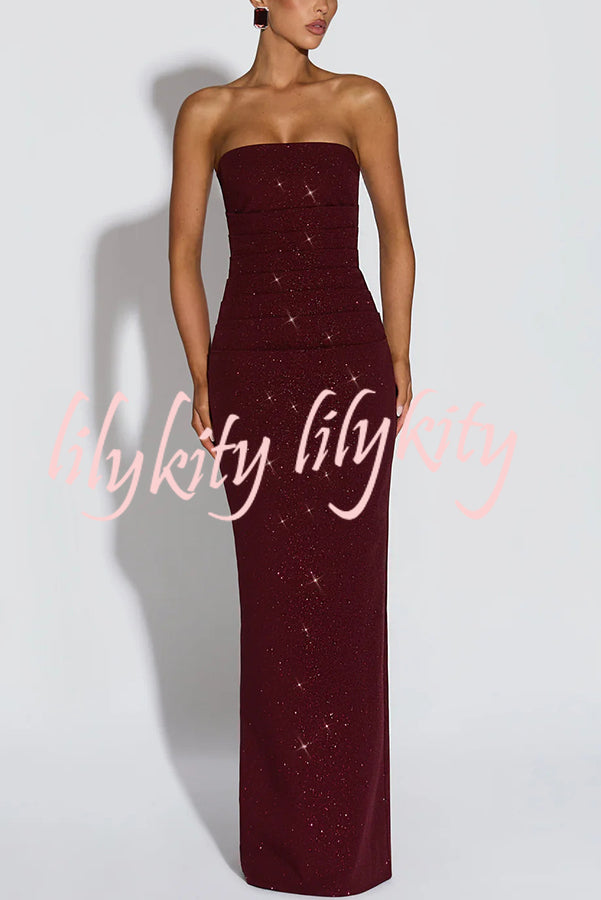 Pandra Glittery Crepe Fabric Off Shoulder Ruched Slit Cape Maxi Dress