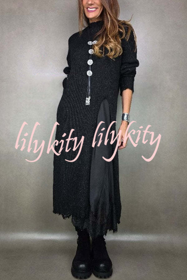 Solid Color Knitted Long-sleeved Casual Slit Midi Dress