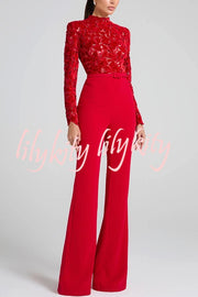 Eleanor Embroidered Floral Lace Long Sleeve Patchwork Belt Flare Jumpsuit