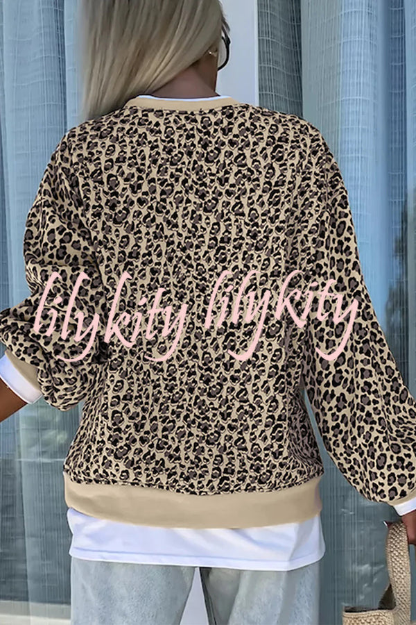 Leopard Print Crew Neck Patchwork Long sleeve Casual Loose Sweatshirt