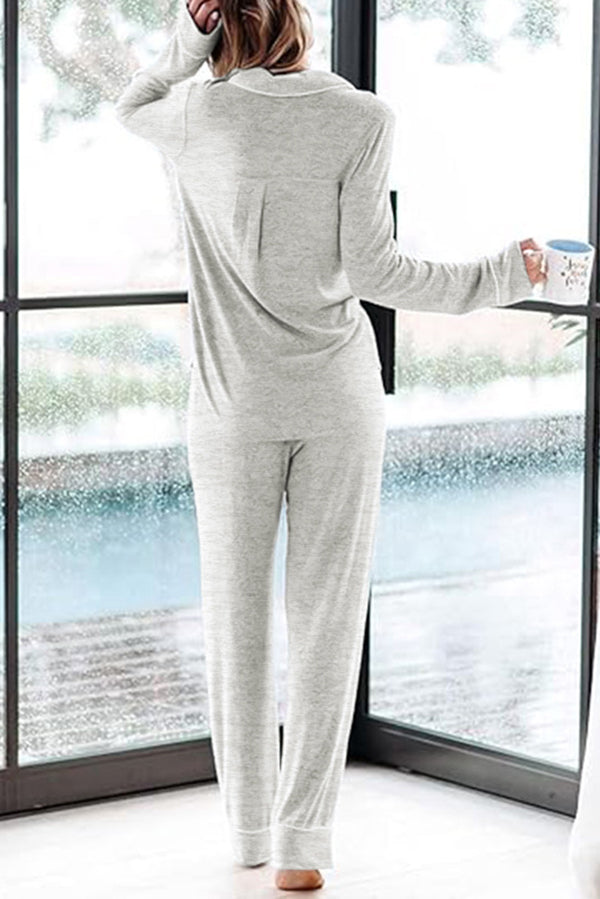 Home-style Loose-fitting Long-sleeved Pocket Shirt and Elastic Waist Casual Pants Set