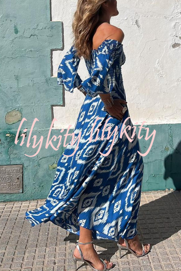 Close To The Vacation Ethnic Print Smocked Off Shoulder Pocketed Maxi Dress