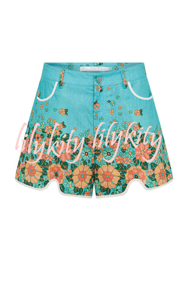 Retro Linen Blend Floral Print Shirt and High Rise Pocketed Slit Shorts Set