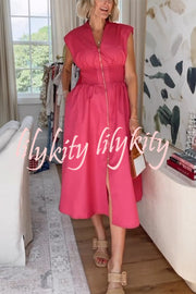Workdays or Weekends Front Zipper Smocked Waist Pocket Loose Midi Dress