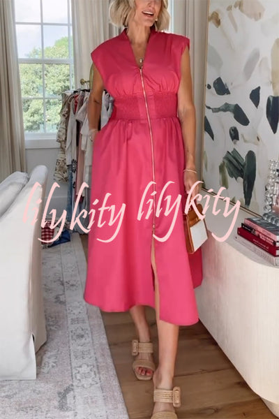Workdays or Weekends Front Zipper Smocked Waist Pocket Loose Midi Dress