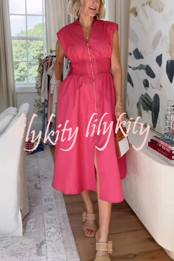 Workdays or Weekends Front Zipper Smocked Waist Pocket Loose Midi Dress
