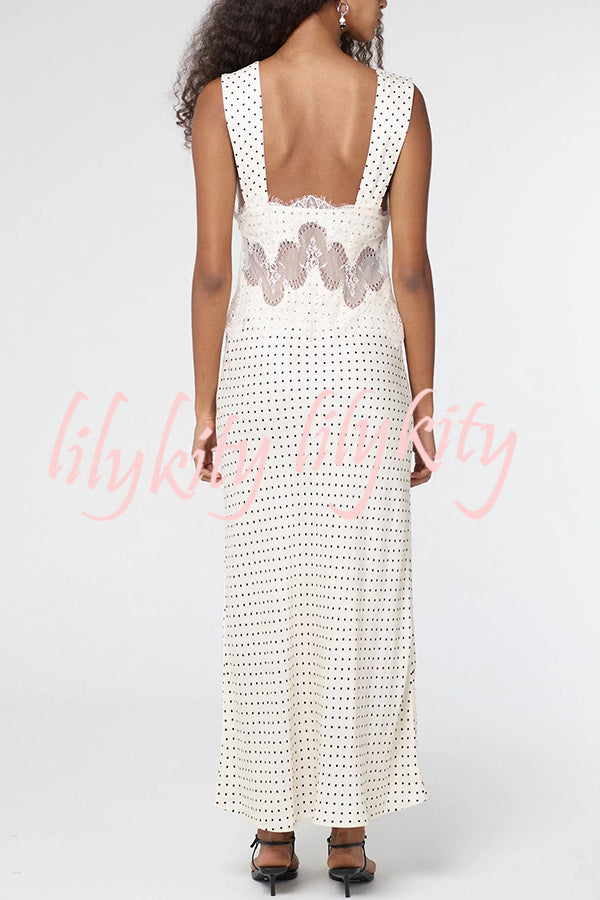 Wonderful Fusion Satin Lace Trim Poka Dot V-neck Drape Maxi Dress