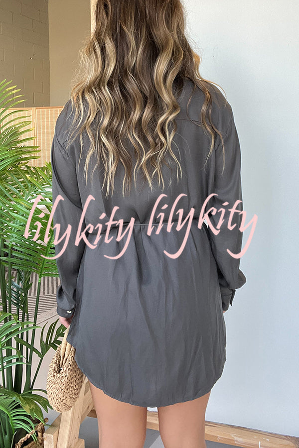 Solid Color Long Sleeve Button Casual Shirt-Style Rompers