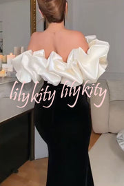 Cecily Velvet Off Shoulder Satin Structured Bardot Neck Stretch Maxi Dress