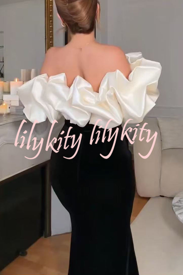 Cecily Velvet Off Shoulder Satin Structured Bardot Neck Stretch Maxi Dress