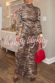 Winston Animal Print High-neck Long Sleeve Ruched Hip Stretch Maxi Dress