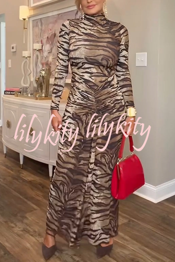 Winston Animal Print High-neck Long Sleeve Ruched Hip Stretch Maxi Dress