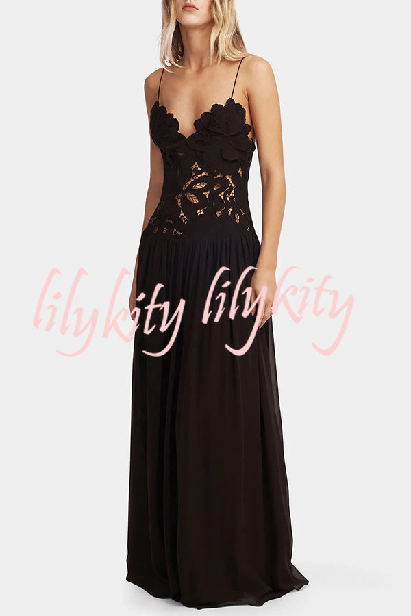 Stephanie Flower Crochet Lace Bust Chiffon Fluffy Hem Maxi Dress