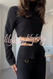 Leia High Neck Button Bell Sleeve Top and Cutout Waist Metal Pocketed Flare Pants Set