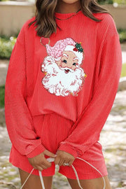 Christmas Sequined Loose Long-sleeved Top and Elastic Waist Casual Shorts Set