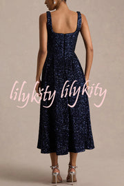 Effortless Sparkle Sequin Square Neck Wide Strap A-Line Midi Dress