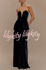 Paige Velvet Off Shoulder Side Pleated Hip Drape Maxi Dress
