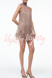 Playful Charm Sheer Chiffon Embellished Feather Back Bow H-line Mini Dress