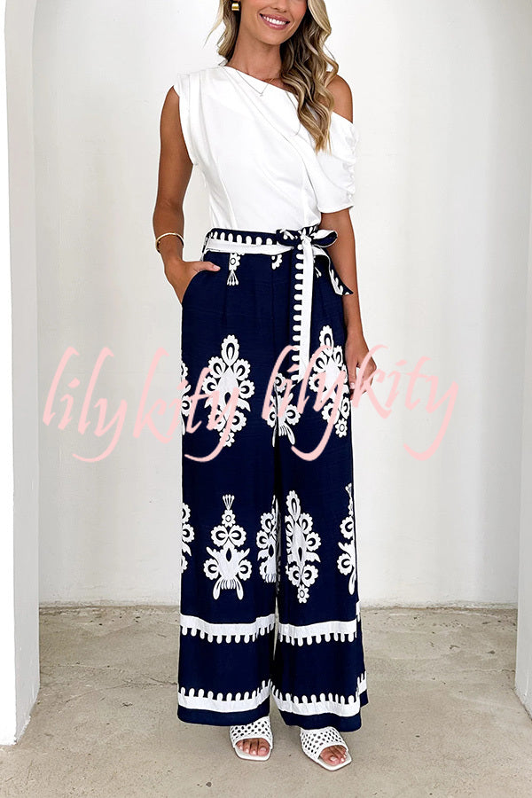 Unique Ethnic Print Belted Casual Pocket Wide Leg Pants