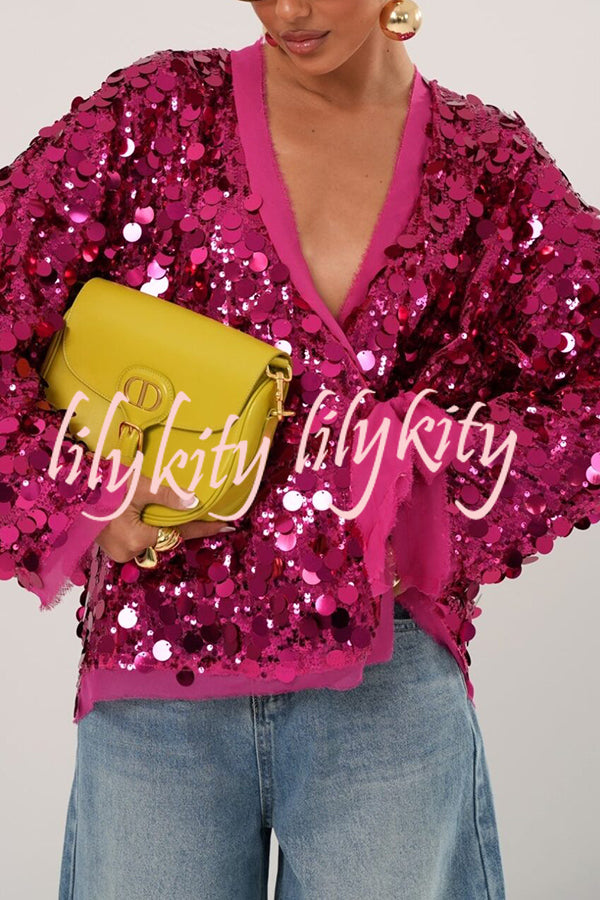 Fashion Sequined Long-sleeved V-neck Loose Lace-up Cardigan