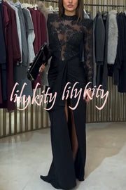 Fenna Sheer Floral Sequin Shoulder Pads Long Sleeve Drape Slit Maxi Dress