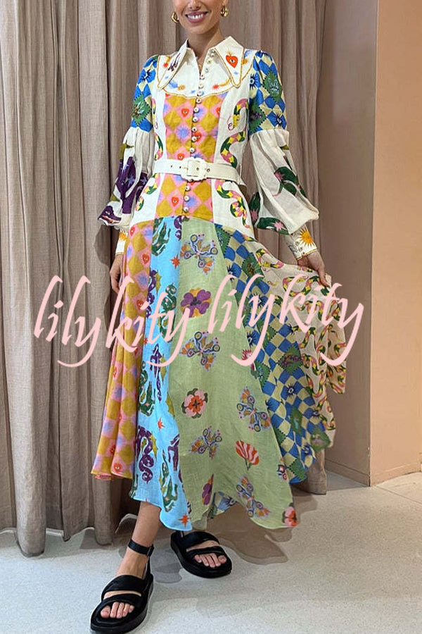 Bold and Chic Irregular Unique Print Balloon Sleeve Belt Shirt Midi Dress