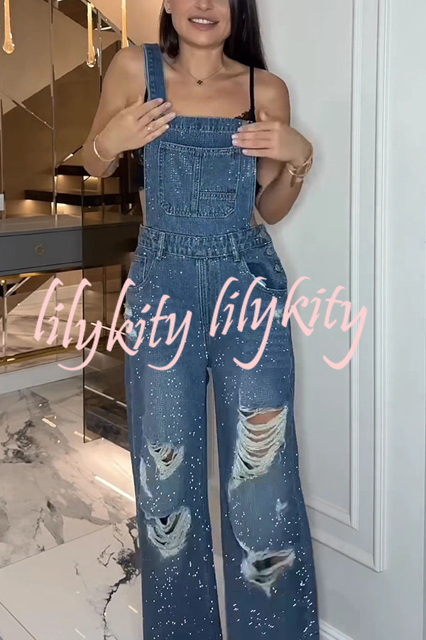 Fashionable Hot Diamond Casual Pocket Ripped Denim Overalls