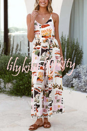 Unique Beach Vacation Print V-neck Suspenders Casual Wide-leg Jumpsuit