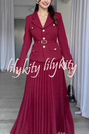 Solid Color Lapel Button Belt Blazer and Pleated Casual Maxi Skirt Set
