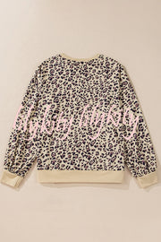 Leopard Print Crew Neck Patchwork Long sleeve Casual Loose Sweatshirt