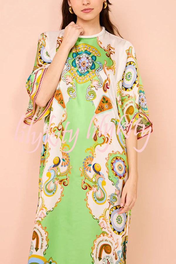 Southern Italy Satin Unique Print Bell Sleeve Loose Slit Midi Dress