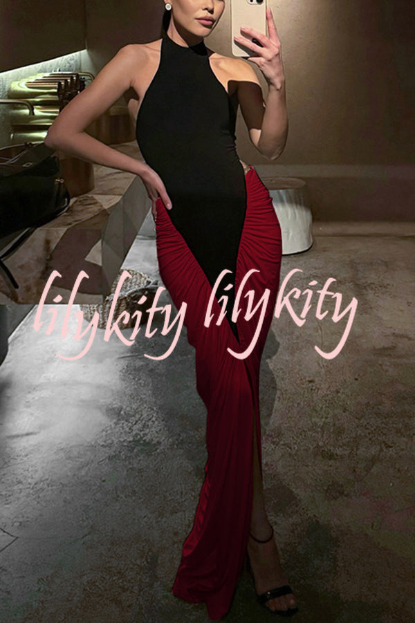 Fashionable Contrast Color Open Back Side Pleated Draped Maxi Dress