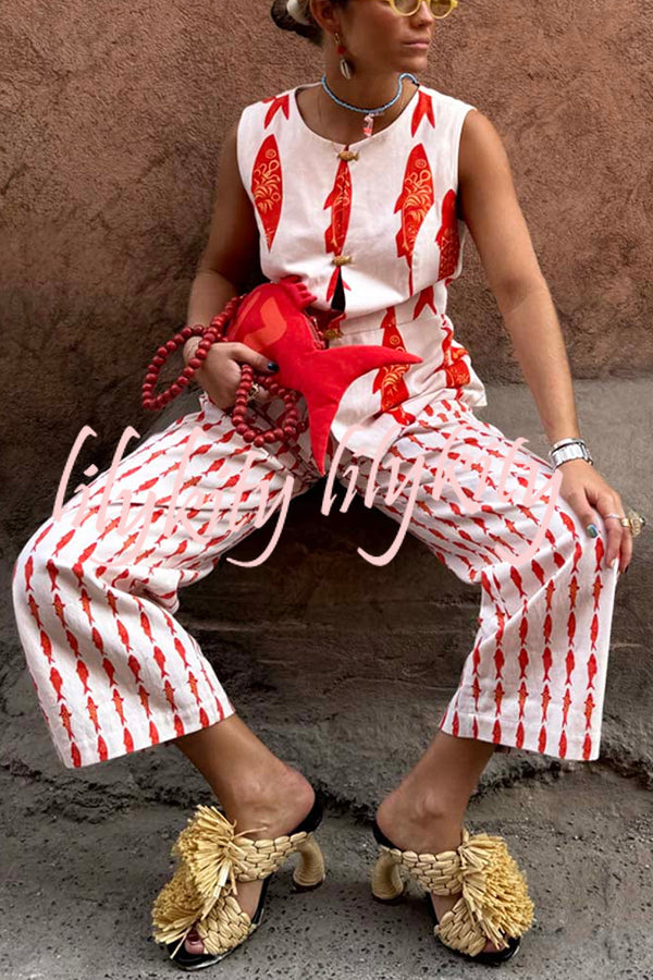 Good Luck Linen Blend Koi Pattern High Rise Elastic Waist Loose Pants