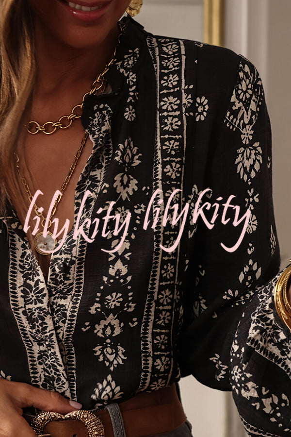 Unique Print Long-Sleeved Button-Up Elegant Shirt