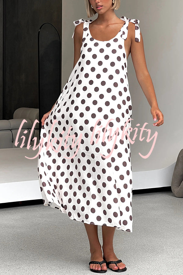 Polka Dot Print Suspenders Strappy Backless Loose Pocket Midi Dress