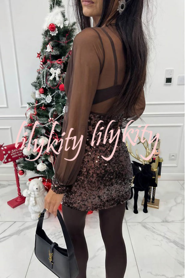 Whisper and Wine Sheer Tulle Sequin Patchwork V-neck Long Sleeve Mini Dress