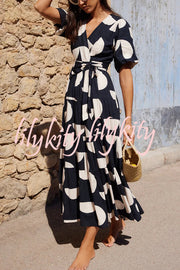 Unique Printed V-neck Puff Sleeves Tie Waist Midi Dress