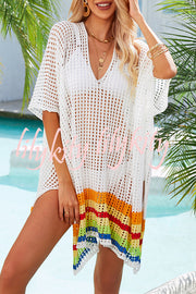 Color Block V Neck Slit Hollow Short Sleeved Knitted Cover Up