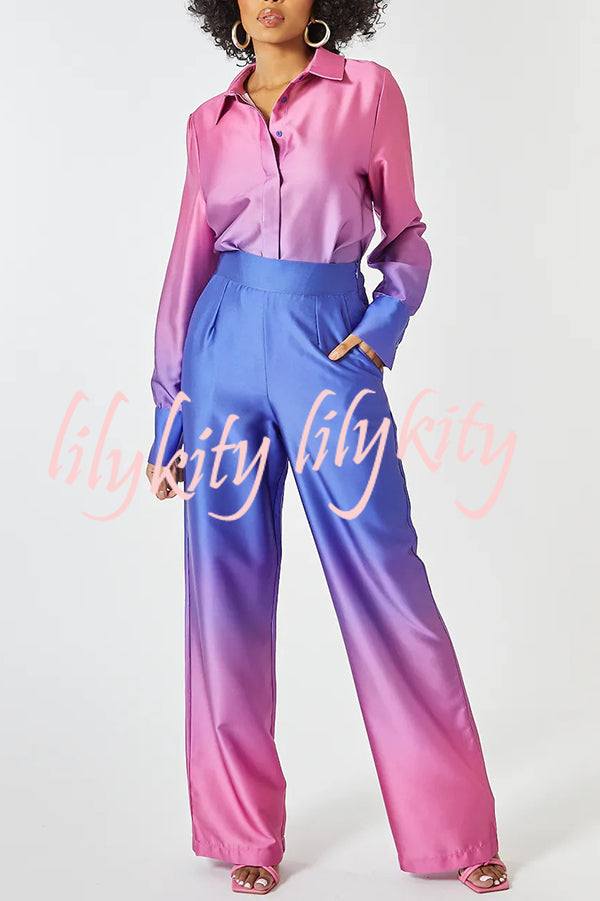 Gradient Long-sleeved Shirt Top and Loose-fitting Pocket Straight-leg Pants Set