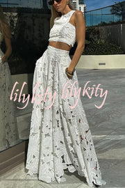 Next Trip Floral Embroidery Crochet Lace Crop Tank Top and Elastic Waist Pocket Maxi Skirt Set