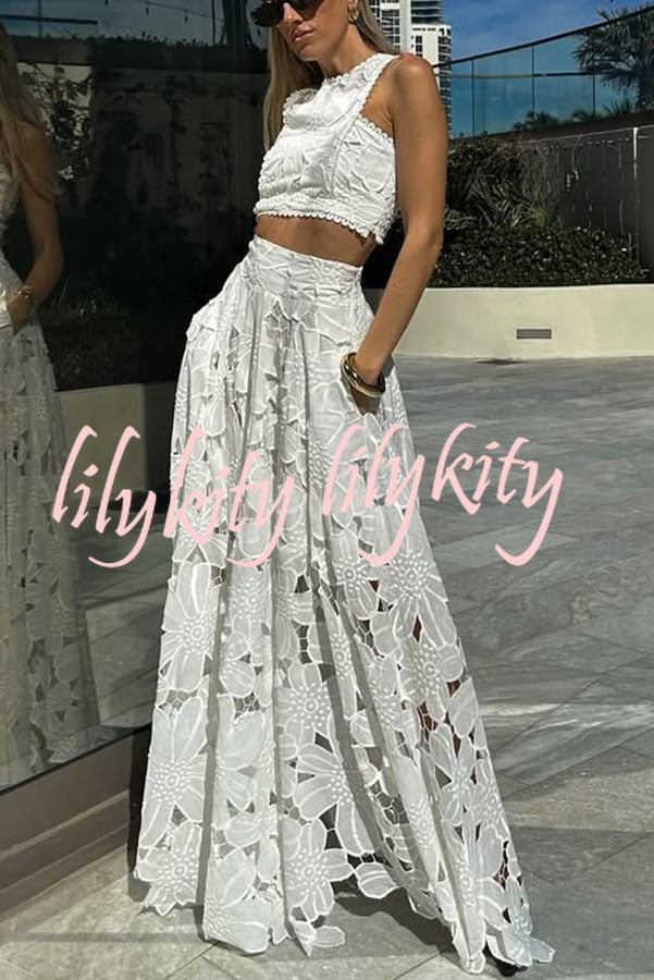 Next Trip Floral Embroidery Crochet Lace Crop Tank Top and Elastic Waist Pocket Maxi Skirt Set