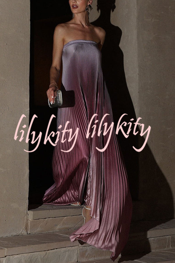 Gorgeous Styling Satin Pleated Elastic Bust Strapless A-line Gown Maxi Dress