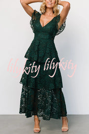 Solid V-neck Ruffled Sleeves Cinched Waist Maxi Dress