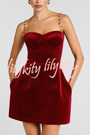 Harley Luxurious Velvet Fabric Jewel-embellished Shoulder Straps Pocket Tulip Mini Dress