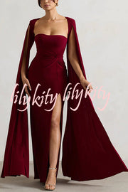 Elegant Goddess Square Neck Twisted Cape Sleeve Slit Maxi Dress