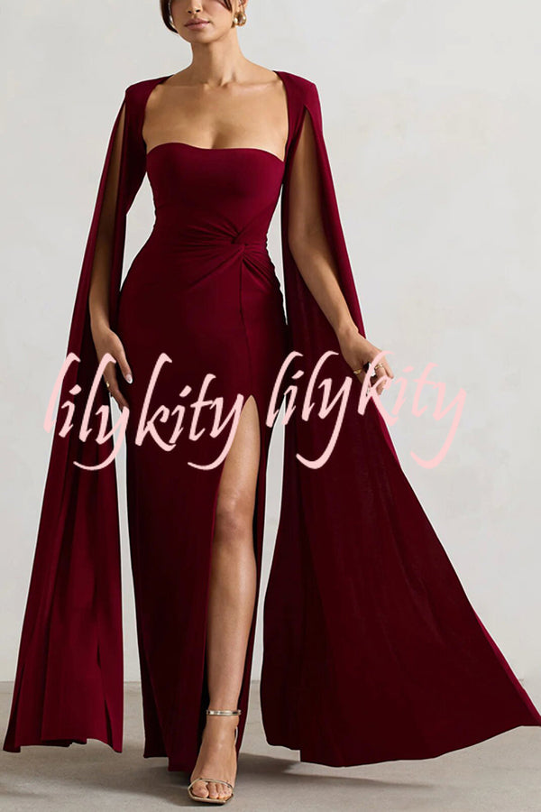 Elegant Goddess Square Neck Twisted Cape Sleeve Slit Maxi Dress