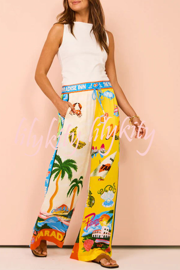 Kissed By The Sun Satin Unique Print Colorblock Elastic Waist Pocketed Wide Leg Pants